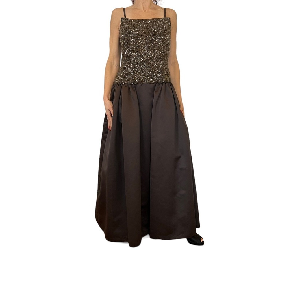 BOB MACKIE WOMEN VINTAGE 80'S SLEEVELSS BROWN BEADED SATIN BALL EVENING GOWN S/M - Picture 2 of 11